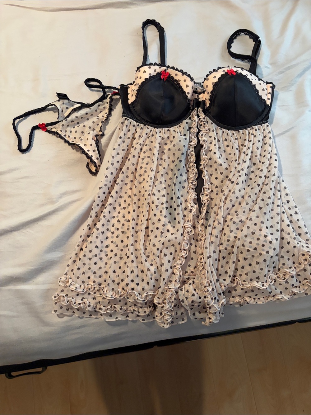 Victoria's Secret Black and Cream Polka Dot Babydoll with Matching Thong